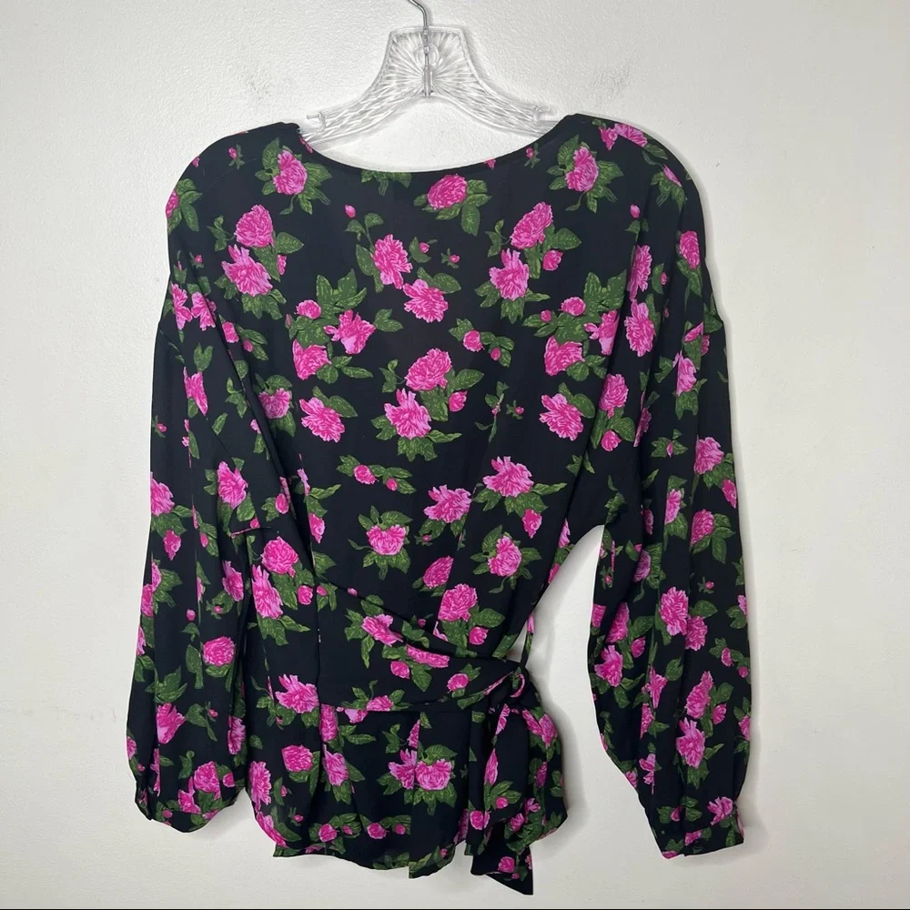 WHO WHAT WEAR Floral Black and Pink Rose Wrap Blouse